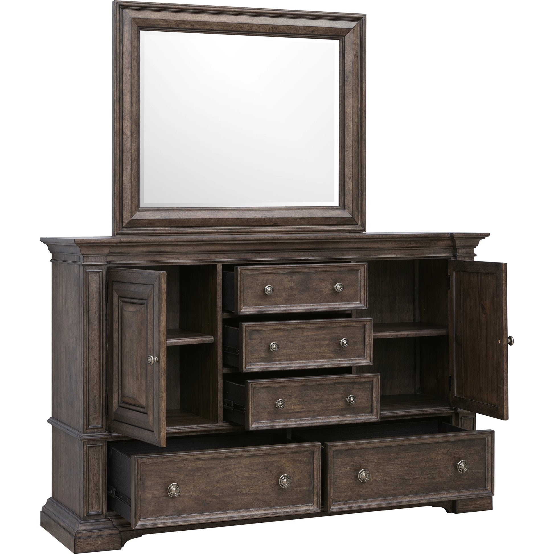 Woodbury Cabinet Dresser & Mirror Set by Pulaski Furniture in cowboy boots brown. Made from rubberwood in a traditional style.