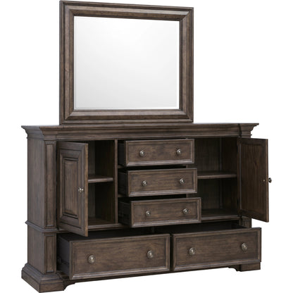 Woodbury Cabinet Dresser & Mirror Set by Pulaski Furniture in cowboy boots brown. Made from rubberwood in a traditional style.