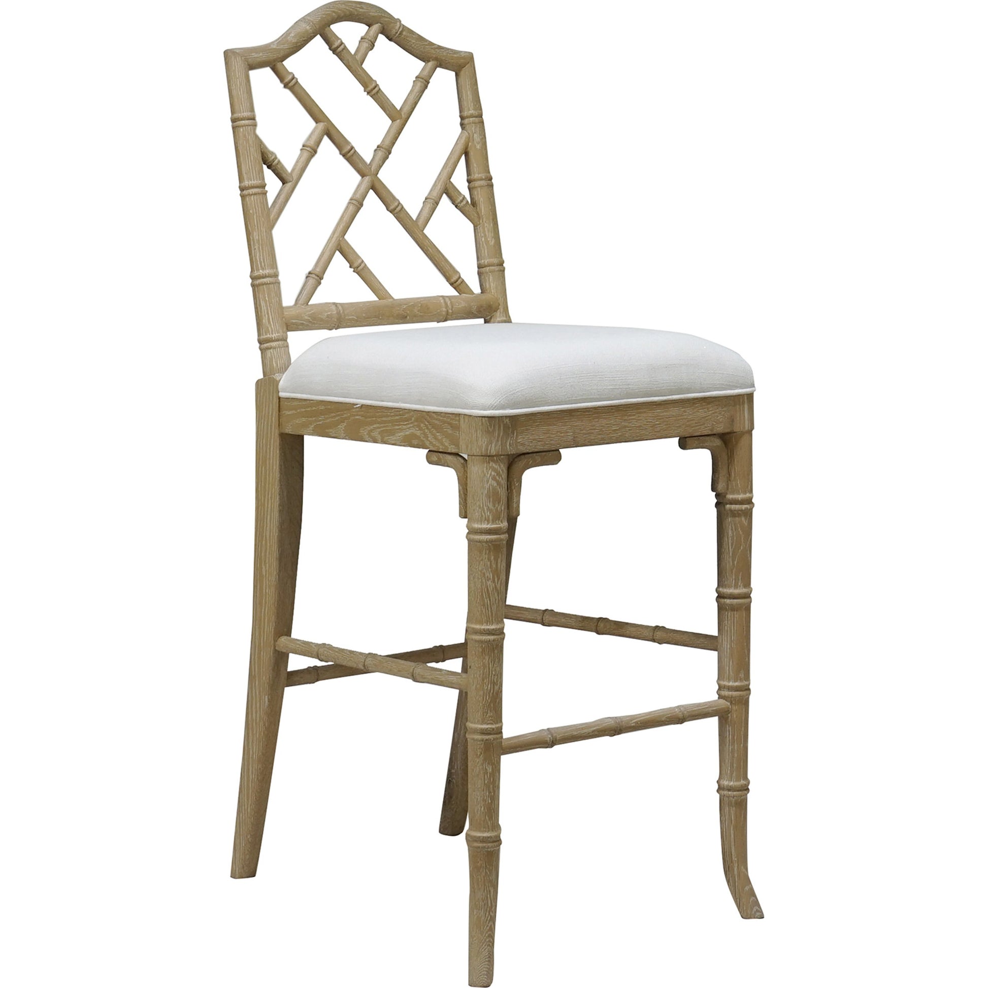 Annette Counter Stool by Worlds Away in matte white. Made from hardwood solids, plywood, foam, dacron, fabric in a coastal style.