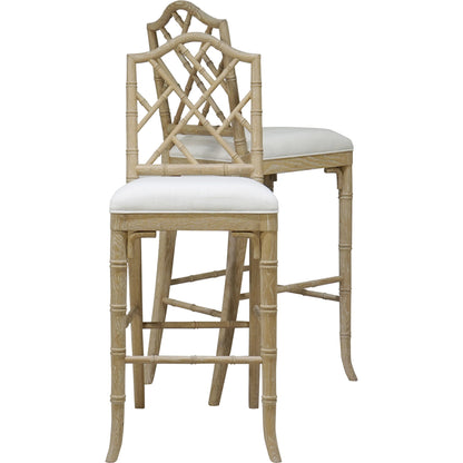 Annette Counter Stool by Worlds Away in matte white. Made from hardwood solids, plywood, foam, dacron, fabric in a coastal style.