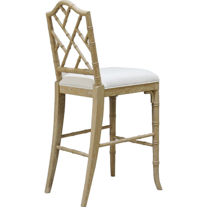 Annette Counter Stool by Worlds Away in matte white. Made from hardwood solids, plywood, foam, dacron, fabric in a coastal style.