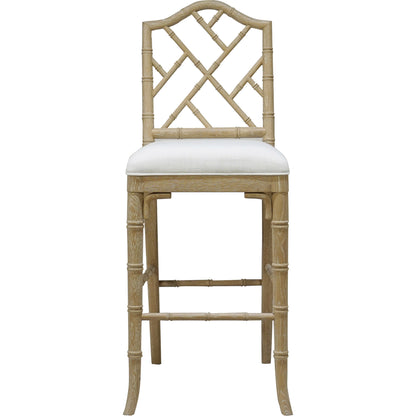 Annette Counter Stool by Worlds Away in matte white. Made from hardwood solids, plywood, foam, dacron, fabric in a coastal style.
