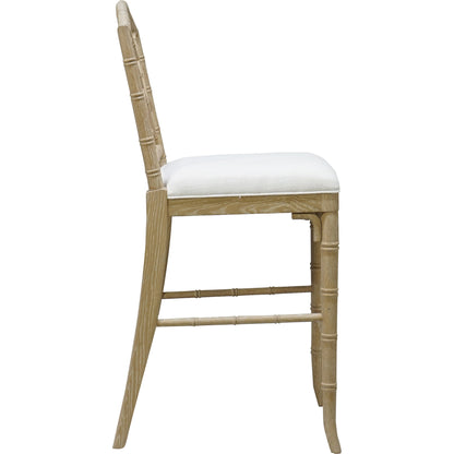 Annette Counter Stool by Worlds Away in matte white. Made from hardwood solids, plywood, foam, dacron, fabric in a coastal style.