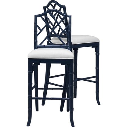 Annette Counter Stool by Worlds Away in matte white. Made from hardwood solids, plywood, foam, dacron, fabric in a coastal style.