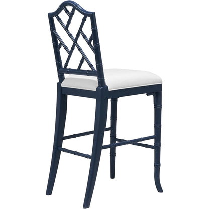 Annette Counter Stool by Worlds Away in matte white. Made from hardwood solids, plywood, foam, dacron, fabric in a coastal style.