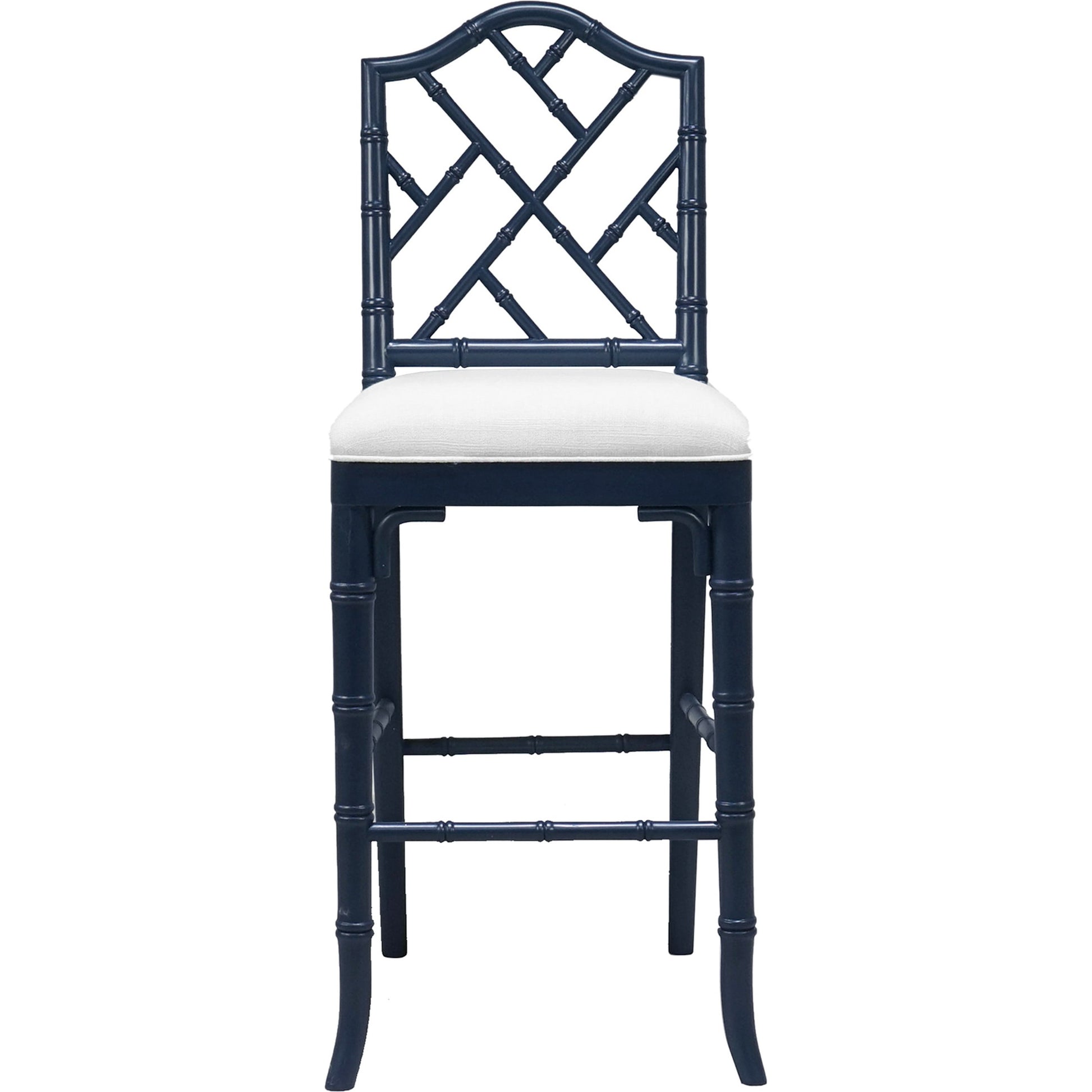 Annette Counter Stool by Worlds Away in matte white. Made from hardwood solids, plywood, foam, dacron, fabric in a coastal style.