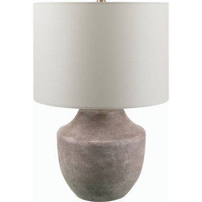 Antoine Accent Table Lamp by Livabliss in body: light gray, shade: beige, finial: metallic - brass, harp: metallic - brass, cord: translucent and coloredplated. Made from resin, linen, polyester, iron in a modern style.