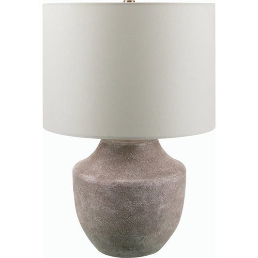 Antoine Accent Table Lamp by Livabliss in body: light gray, shade: beige, finial: metallic - brass, harp: metallic - brass, cord: translucent and coloredplated. Made from resin, linen, polyester, iron in a modern style.