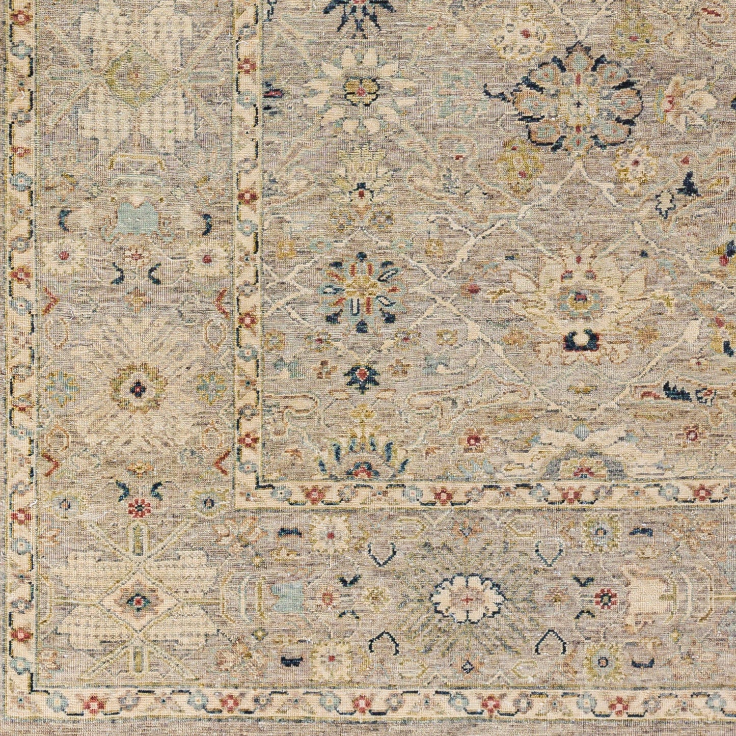 004 SI-1876439,SI-1876440,SI-1876441,SI-1876442,SI-1876443 | Closeup | Anatolia Rug - 29819 by Surya in dark blue, ice blue, rust, taupe, charcoal, light sage. Made from 100% wool in a unique style.