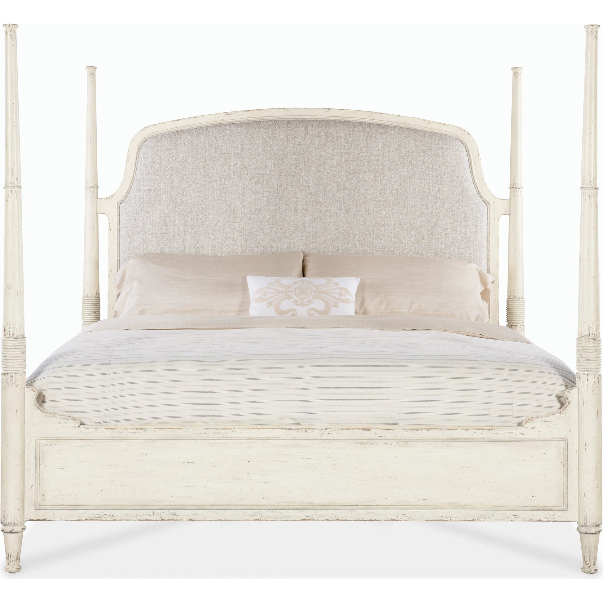 Americana California King Upholstered Poster Bed by Hooker Furniture in beige and worn white. Made from oak veneers and fabric in a traditional style.