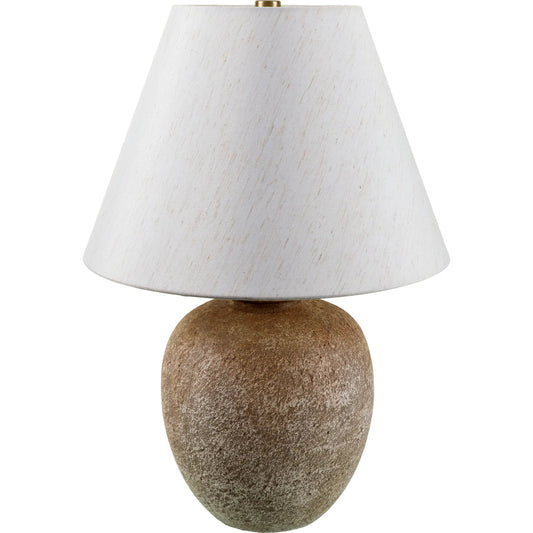 Apres Accent Table Lamp by Livabliss in body: light gray; shade: beige; finial: metallic - brass; harp: metallic - brass; cord: translucent and coloredplated. Made from ceramic, linen, polyester, iron in a unique style.