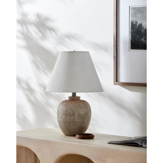 Apres Accent Table Lamp by Livabliss in body: light gray; shade: beige; finial: metallic - brass; harp: metallic - brass; cord: translucent and coloredplated. Made from ceramic, linen, polyester, iron in a unique style.