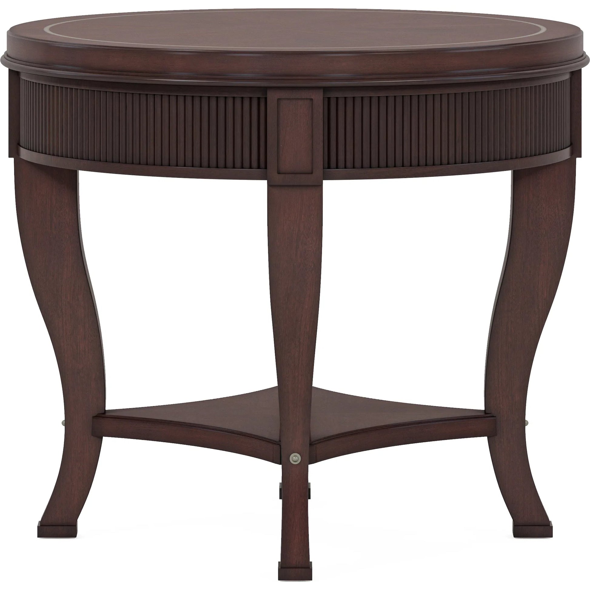 Revival Round End Table by A.R.T. Furniture in brown and napa mahogany. Made from rubberwood solids, quarter mahogany veneer, resin in a traditional style.