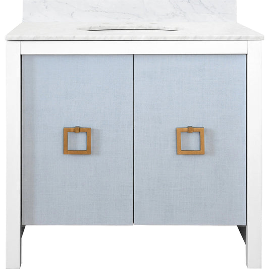 April Bath Vanity by Worlds Away in matte white lacquer. Made from hardwood solids, mdf, linen, metal, marble, porcelain in a modern style.