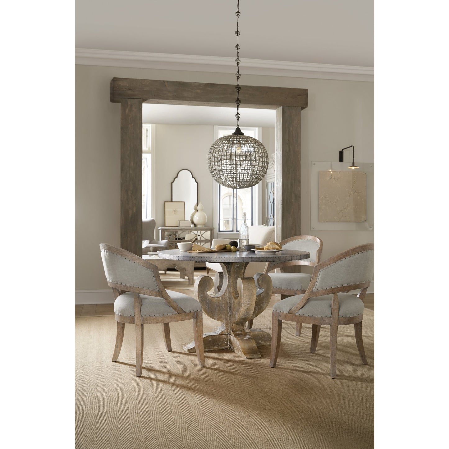 004 SI-1748436 | Lifestyle | Garnier Chair (Set of 2) by Hooker Furniture in grey and light brown, soft gray. Made from fabric in a traditional style.