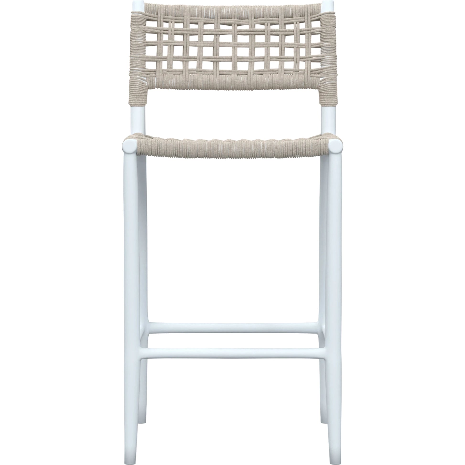Bahia Outdoor Barstool by Sunset West in frost. Made from aluminum / olefin rope in a coastal style.