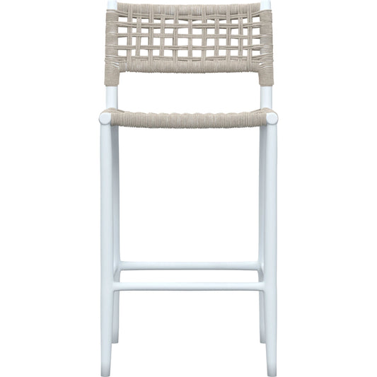 Bahia Outdoor Barstool by Sunset West in frost. Made from aluminum / olefin rope in a coastal style.