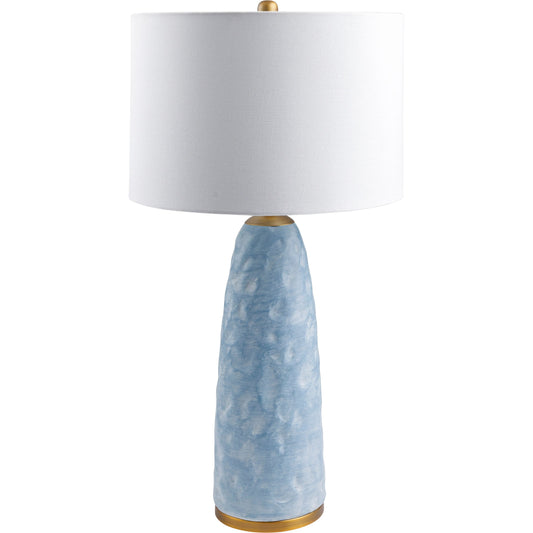 Aqua Bliss Table Lamp - 498981 by Surya in translucent, ice blue, metallic brass, white, metallic gold and ice blue. Made from body: resin, metal, base: metal, shade (outside): linen, shade (inside): polyester, finial: metal