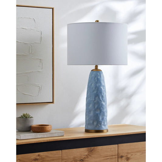 Aqua Bliss Table Lamp - 498981 by Surya in translucent, ice blue, metallic brass, white, metallic gold and ice blue. Made from body: resin, metal, base: metal, shade (outside): linen, shade (inside): polyester, finial: metal in
