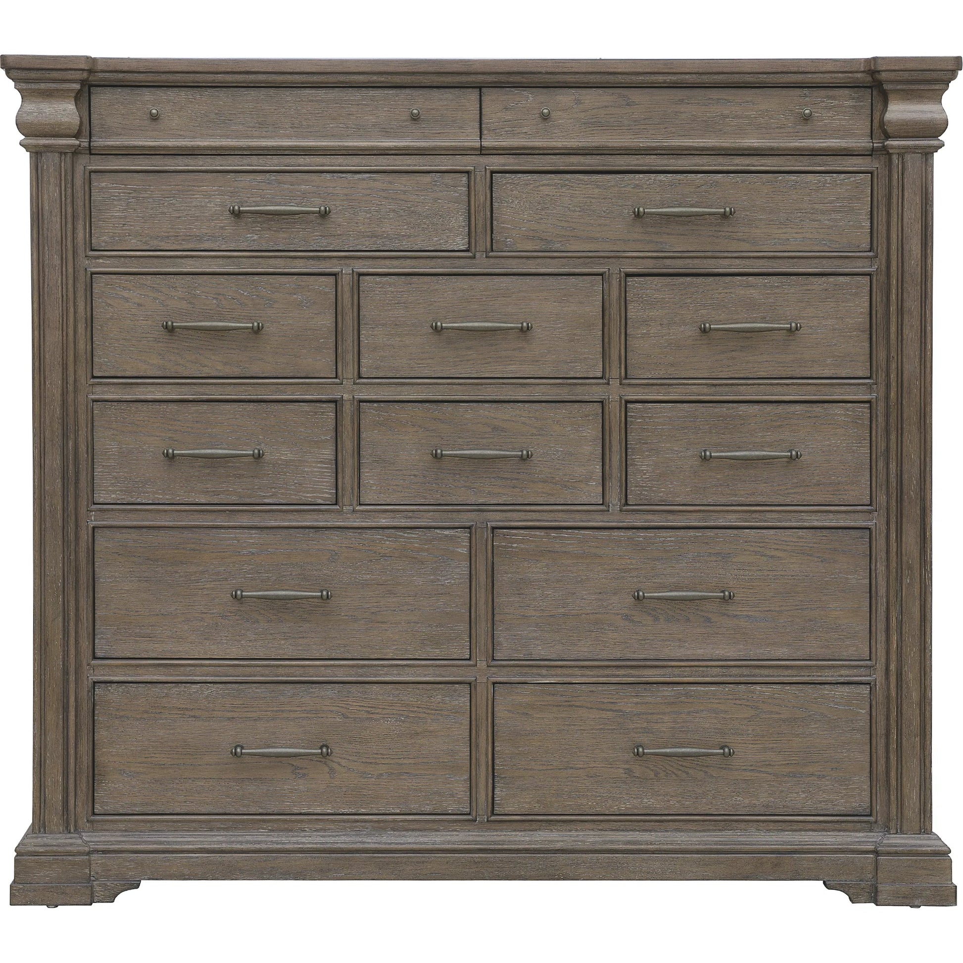 Madison Ridge 14 Drawer Master Chest by Pulaski Furniture in natural bark. Made from flat-cut white oak wood veneers in a unique style.