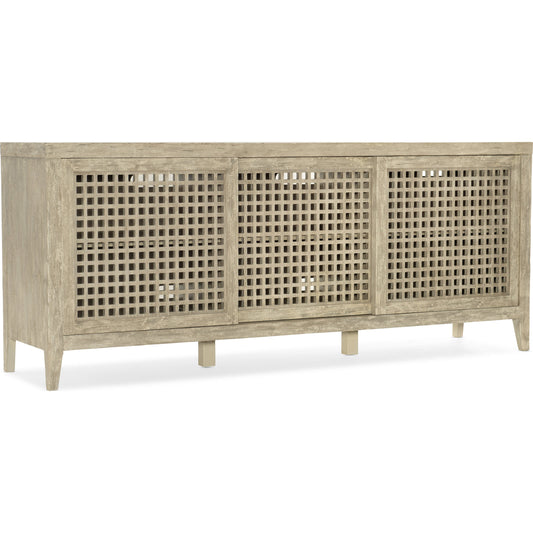 Ciao Bella Entertainment Console by Hooker Furniture in flaky white. Made from maple veneers, solid-wood edge top in a traditional style.