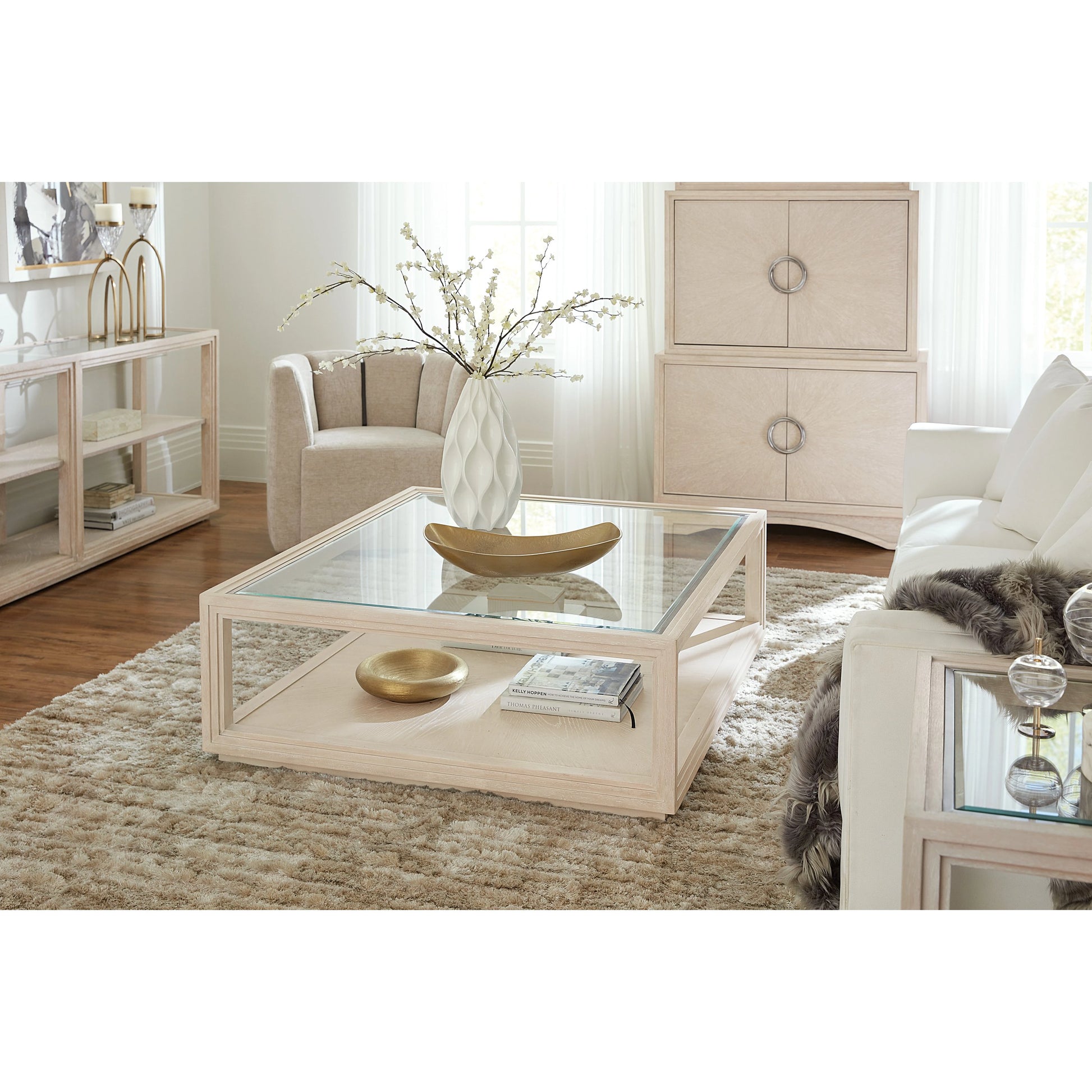 Nouveau Chic Rectangle Cocktail Table by Hooker Furniture in sandstone. Made from oak veneers, tempered glass, metal in a modern style.