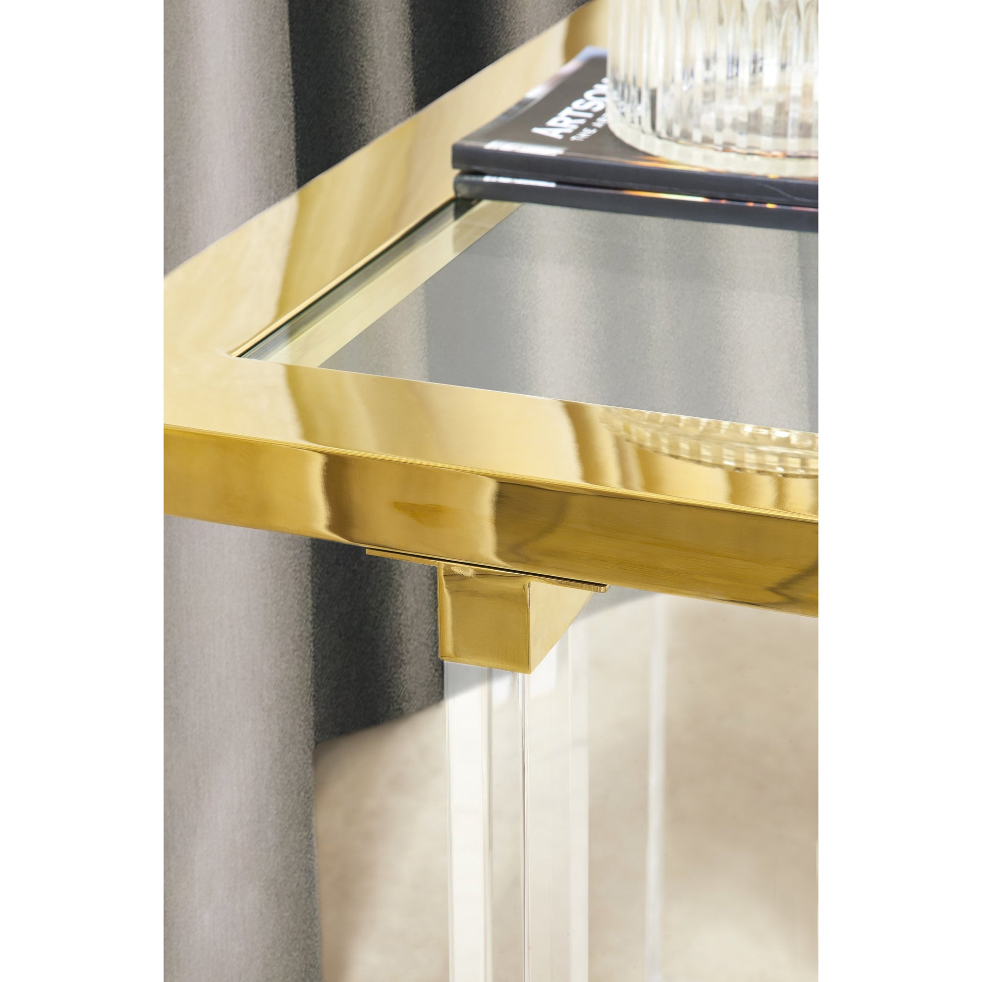 Vicenza Side Table by Pasargad Home in gold and white. Made from lucite in a modern style.