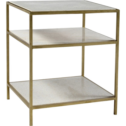 Demetrius Side Table by Arch & Plane in brass finish, natural marble. Made from polished marble top, wrought iron frame in a modern style.