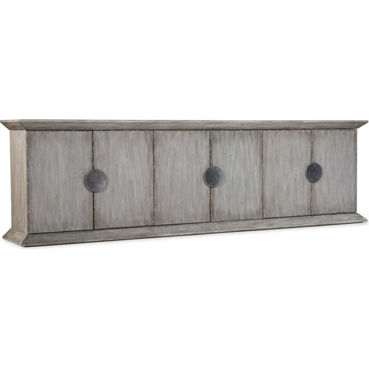 Koren Credenza by Hooker Furniture in light gray. Made from elm veneers, concrete in a cottage & farmhouse style.