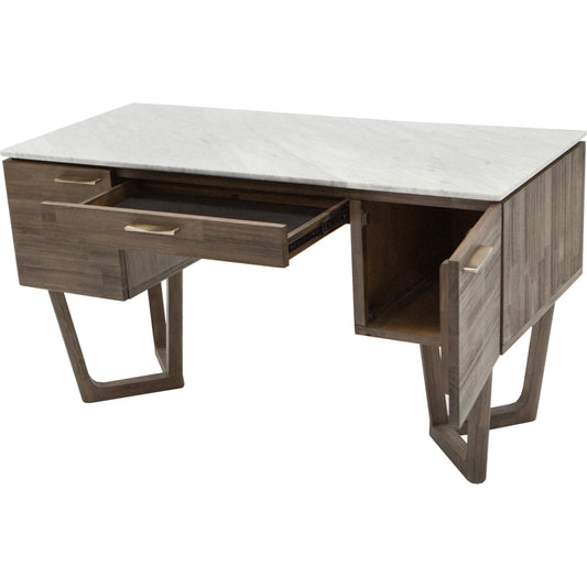 Aura Writing Desk by LH Imports in dark brown, grey and dark greige brushed, brass. Made from solid acacia, carrera marble, acacia veneer, mdf in a modern style.