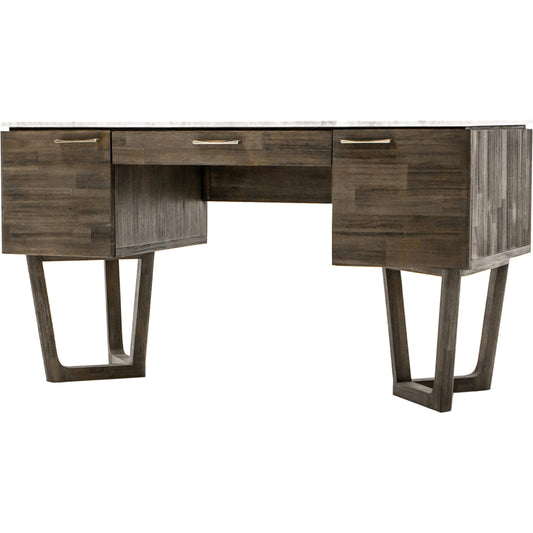 Aura Writing Desk by LH Imports in dark brown, grey and dark greige brushed, brass. Made from solid acacia, carrera marble, acacia veneer, mdf in a modern style.