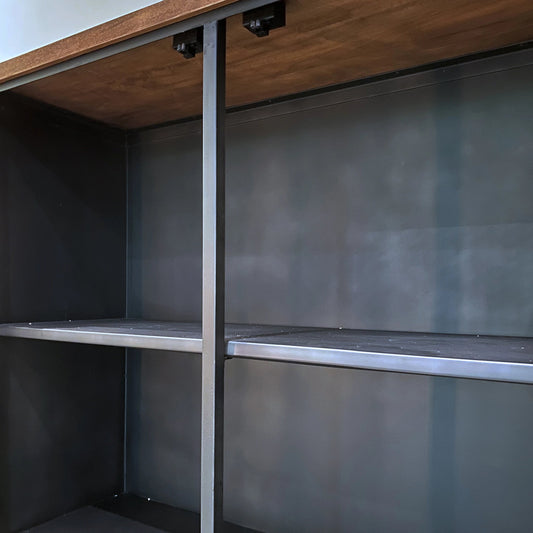 Tradition Display Cabinet by LH Imports in brown, black and natural, satin, black. Made from mango hardwood, glass, reclaimed iron in a modern style.