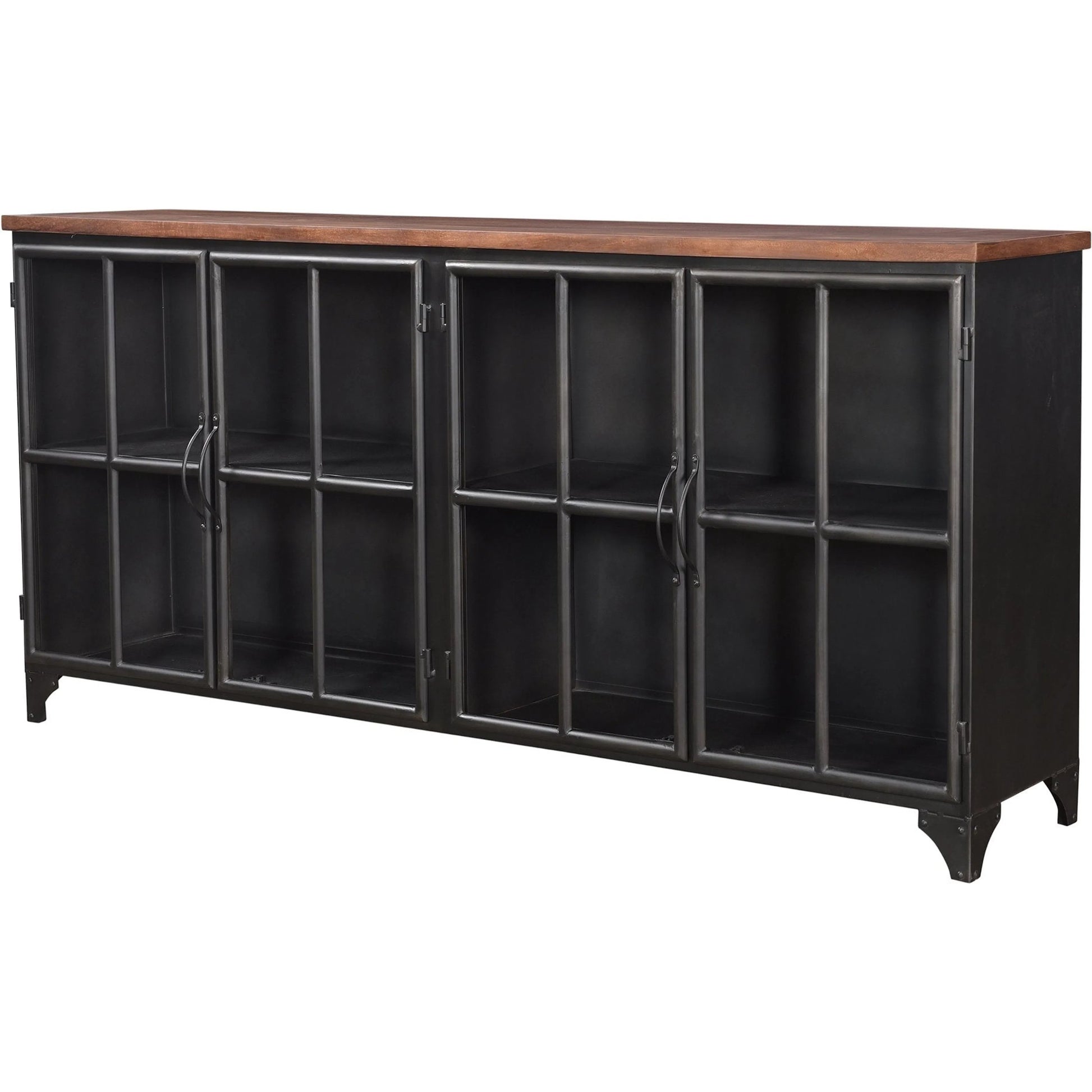 Tradition Sideboard by LH Imports in brown, black and natural, stain, black. Made from reclaimed iron, glass, mango hardwood in a modern style.