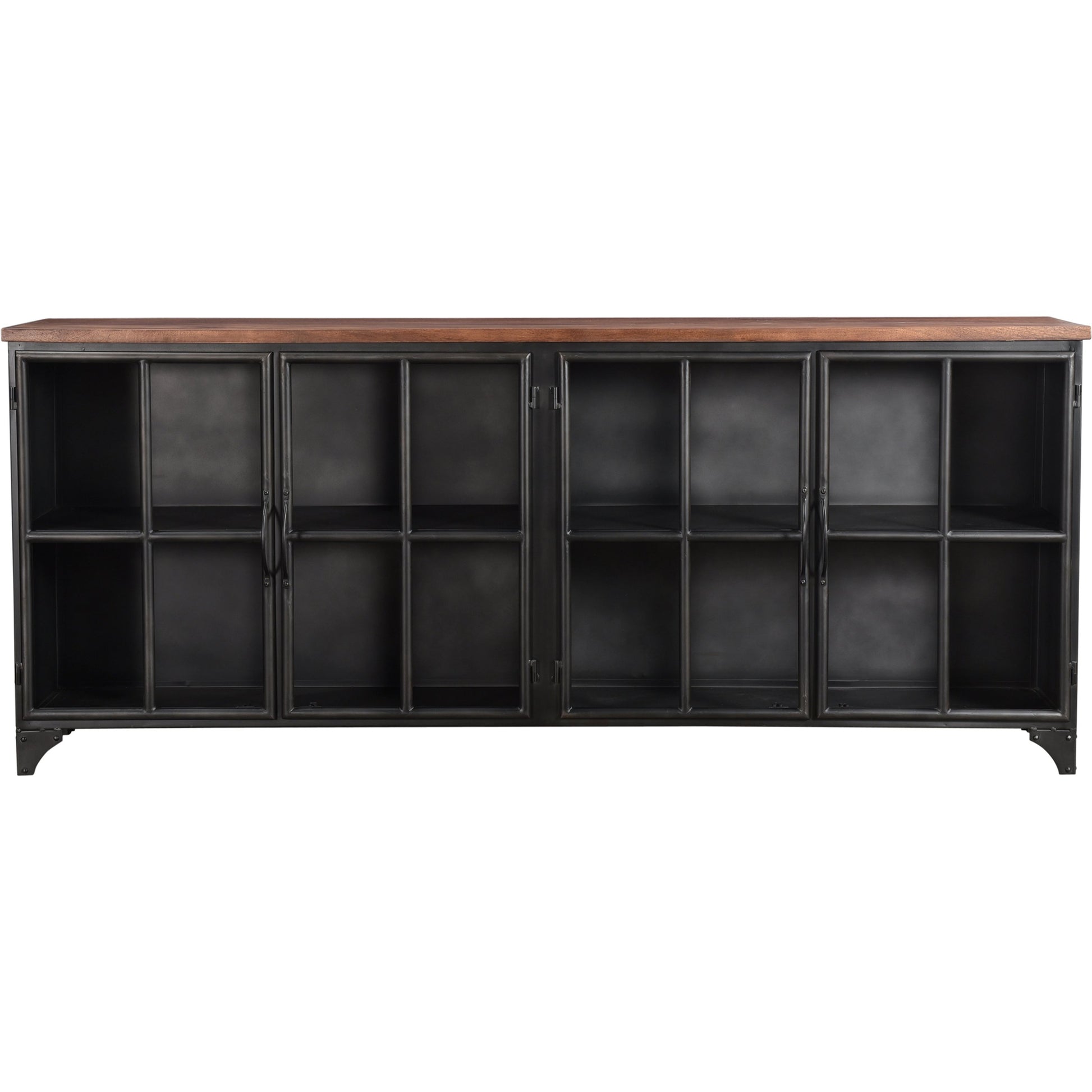 Tradition Sideboard by LH Imports in brown, black and natural, stain, black. Made from reclaimed iron, glass, mango hardwood in a modern style.