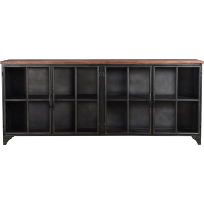 Tradition Sideboard by LH Imports in brown, black and natural, stain, black. Made from reclaimed iron, glass, mango hardwood in a modern style.