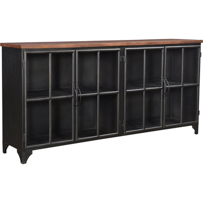Tradition Sideboard by LH Imports in brown, black and natural, stain, black. Made from reclaimed iron, glass, mango hardwood in a modern style.