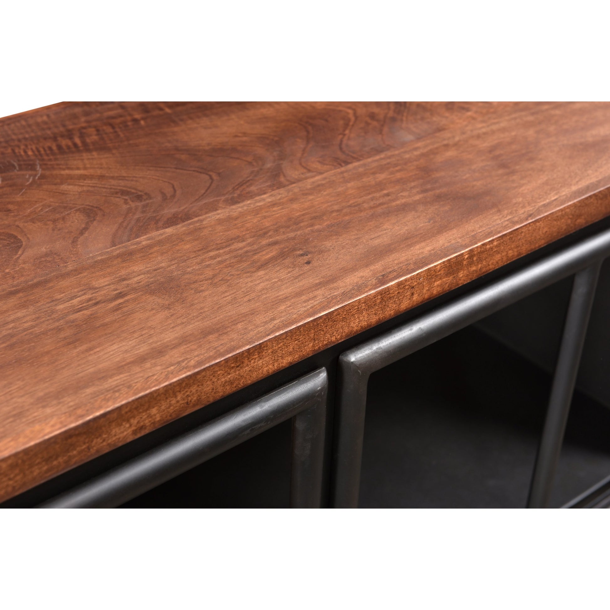 Tradition Sideboard by LH Imports in brown, black and natural, stain, black. Made from reclaimed iron, glass, mango hardwood in a modern style.