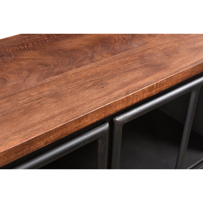 Tradition Sideboard by LH Imports in brown, black and natural, stain, black. Made from reclaimed iron, glass, mango hardwood in a modern style.