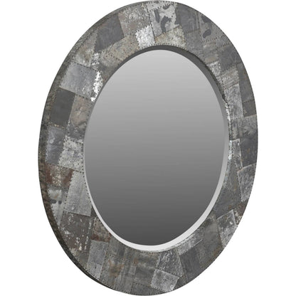 Arcadia Round Mirror 42" by LH Imports in grey and zinc, antique distressed. Made from mango heartwood, mdf, reclaimed iron, glass in a unique style.