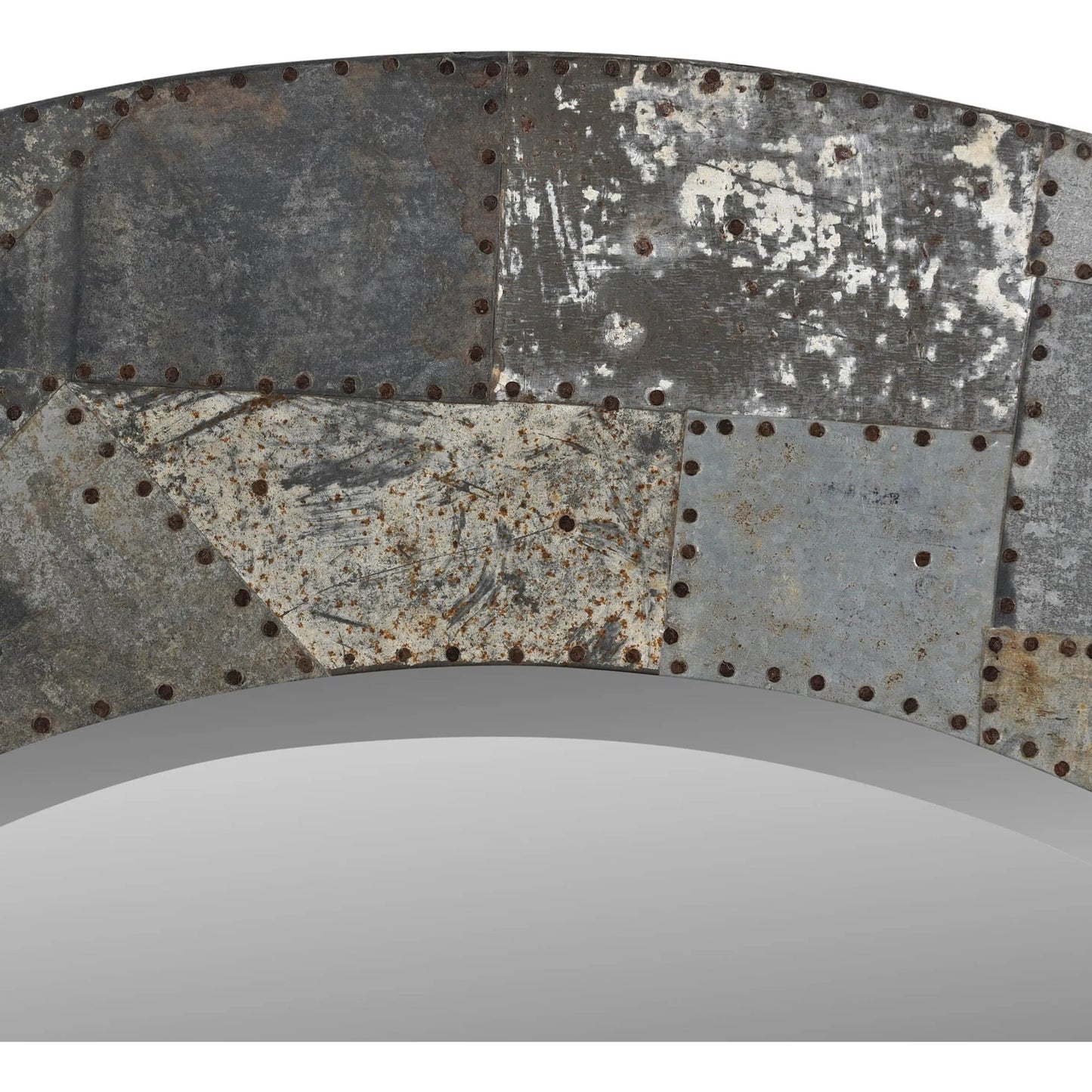 003 SI-2533483 | Closeup | Arcadia Round Mirror 42" by LH Imports in grey and zinc, antique distressed. Made from mango heartwood, mdf, reclaimed iron, glass in a unique style.