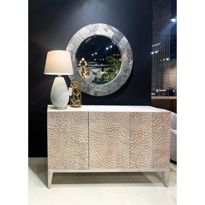 Arcadia Round Mirror 42" by LH Imports in grey and zinc, antique distressed. Made from mango heartwood, mdf, reclaimed iron, glass in a unique style.