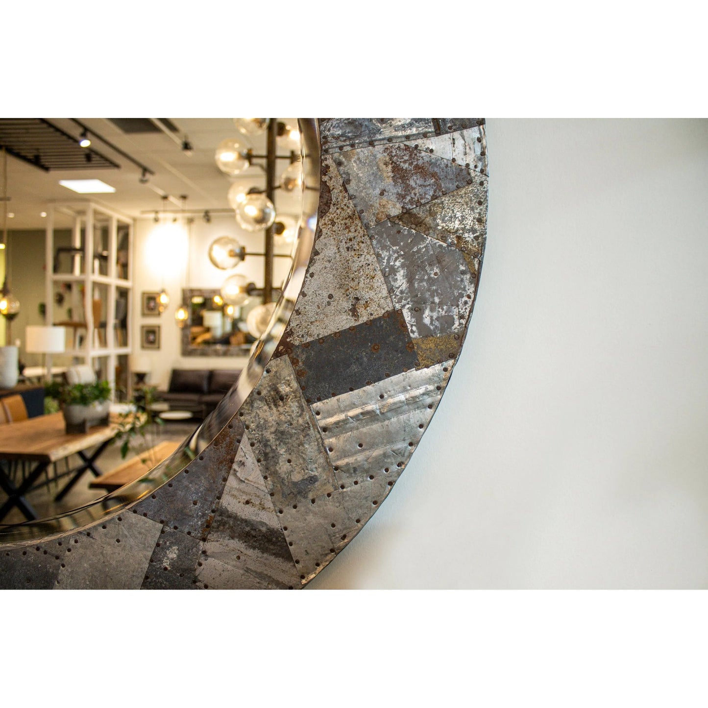 004 SI-2533483 | Closeup | Arcadia Round Mirror 42" by LH Imports in grey and zinc, antique distressed. Made from mango heartwood, mdf, reclaimed iron, glass in a unique style.