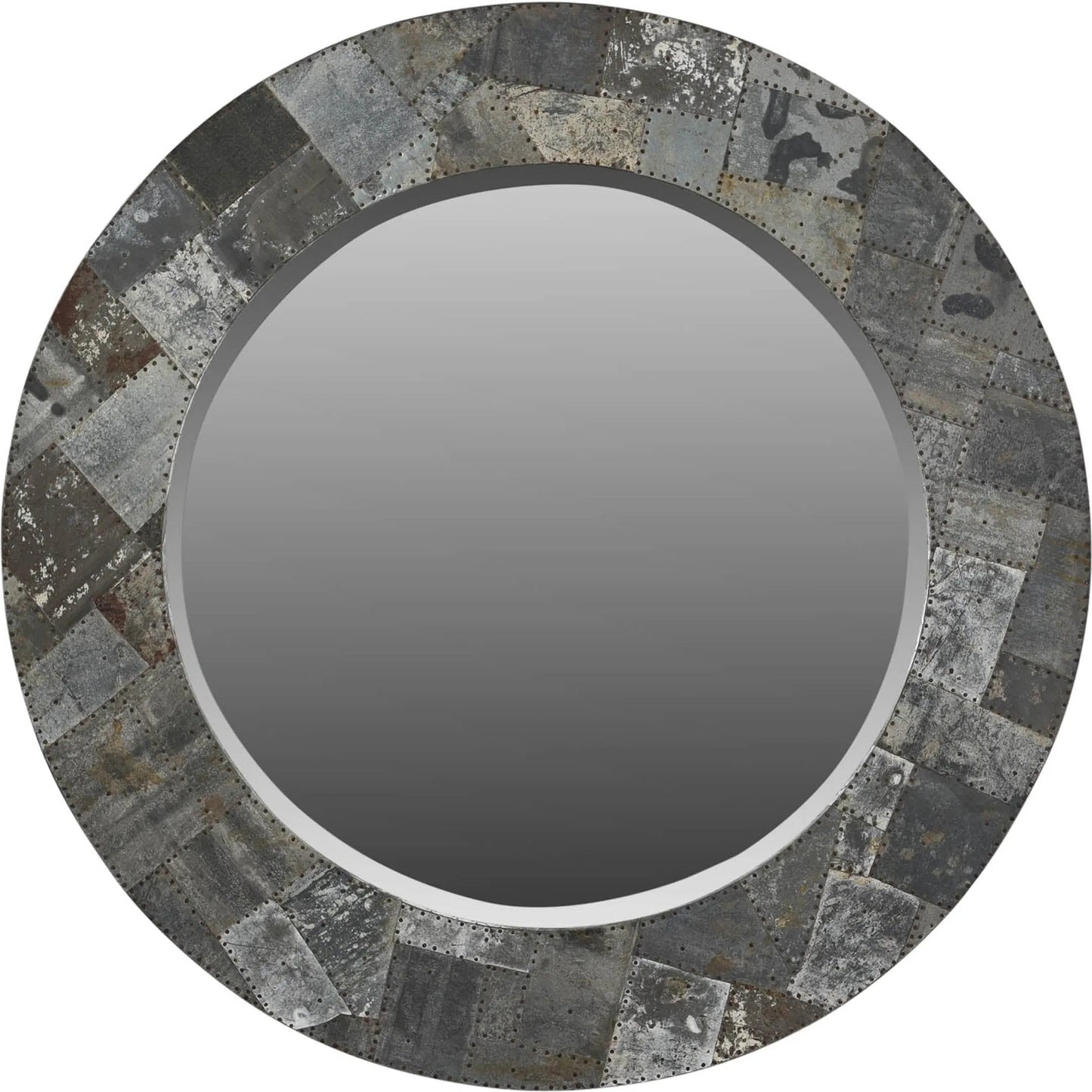 001 SI-2533483 | Primary Silo | Arcadia Round Mirror 42" by LH Imports in grey and zinc, antique distressed. Made from mango heartwood, mdf, reclaimed iron, glass in a unique style.