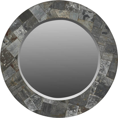 Arcadia Round Mirror 42" by LH Imports in grey and zinc, antique distressed. Made from mango heartwood, mdf, reclaimed iron, glass in a unique style.