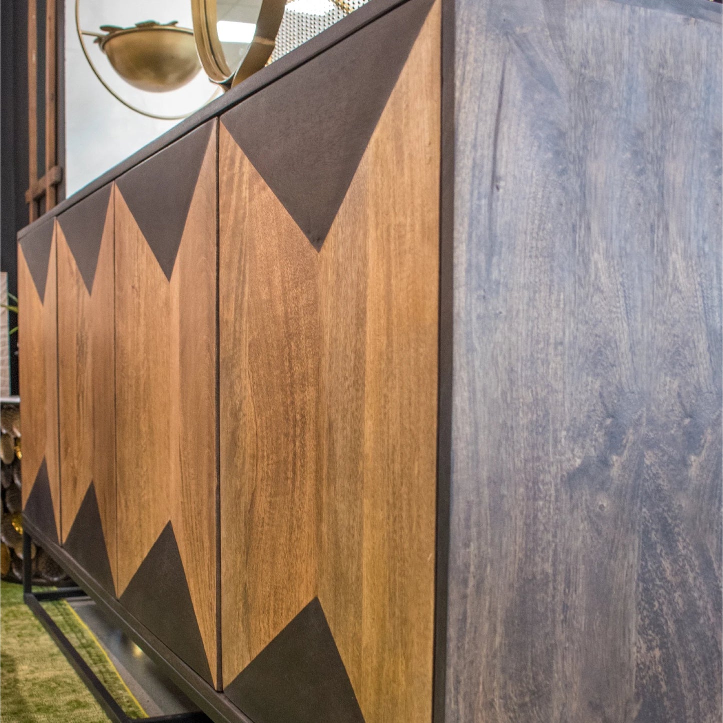 007 SI-2004271 | Closeup | Illusion Sideboard by LH Imports in brown, light brown and medium walnut, light teak. Made from iron, mango hardwood, mdf in a modern style.