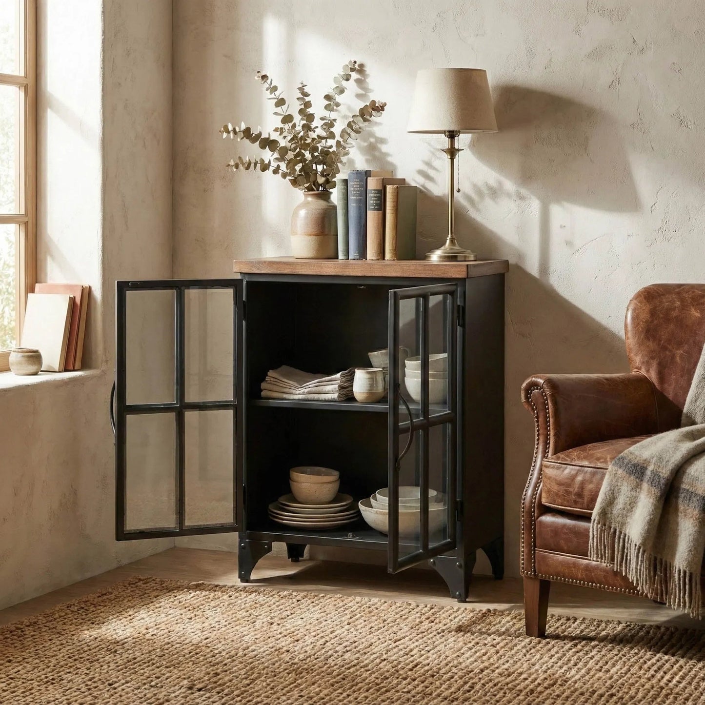 012 SI-2004426 | Lifestyle | Tradition Nightstand by LH Imports in black and black, teak. Made from mango hardwood, reclaimed iron, glass in a modern style.