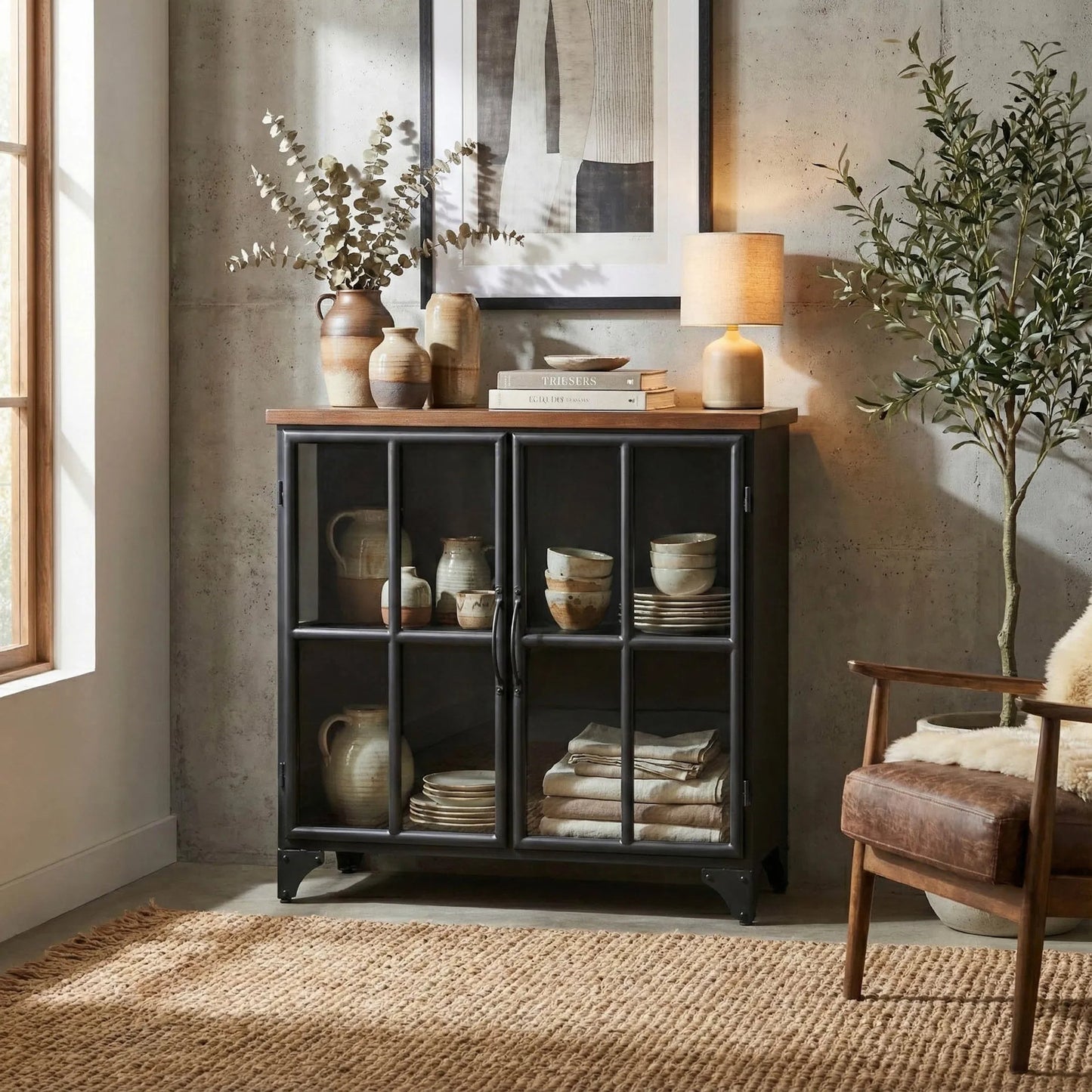 013 SI-2004429 | Lifestyle | Tradition Two Door Sideboard by LH Imports in black and teak, black. Made from mango hardwood, reclaimed iron, glass in a modern style.