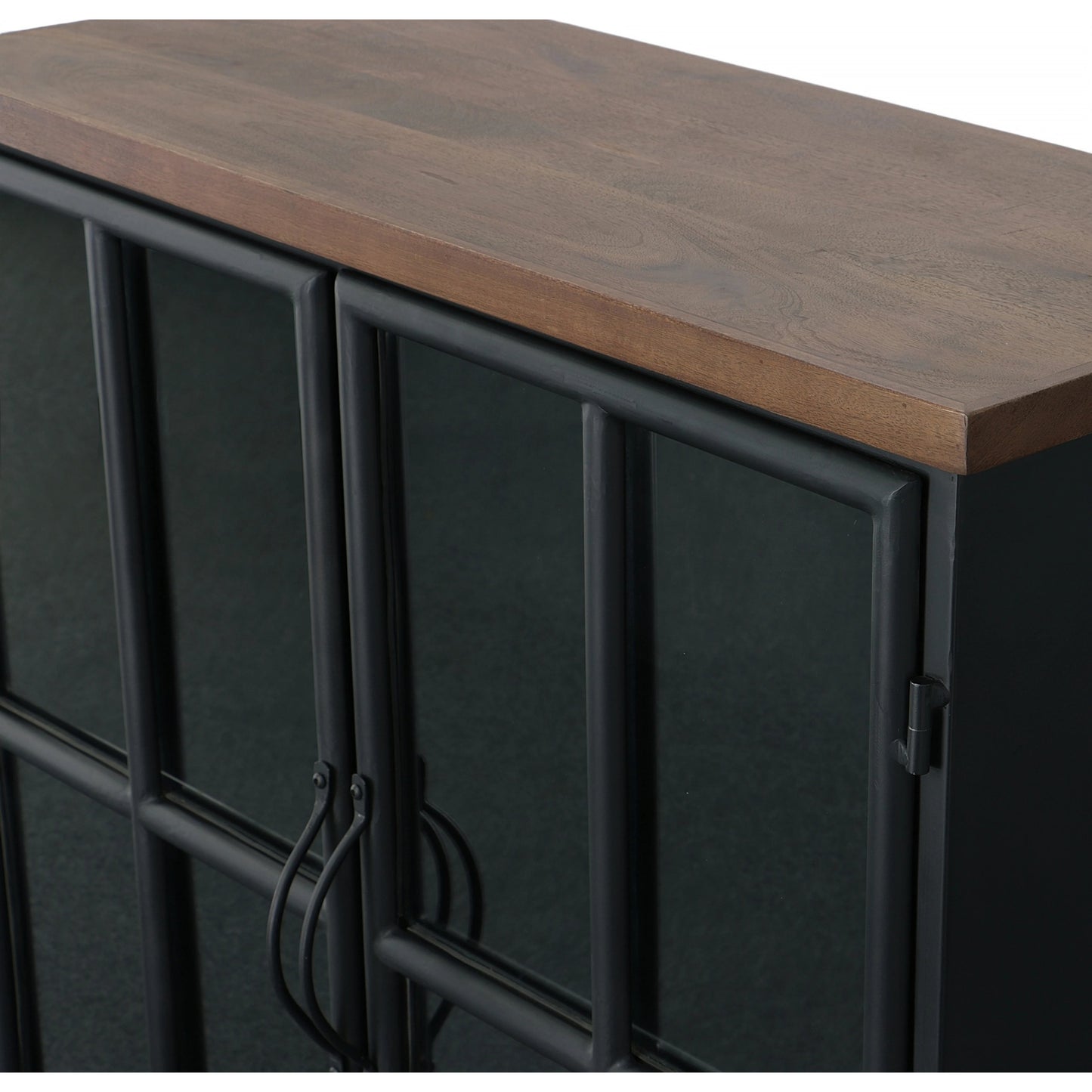 011 SI-2004429 | Closeup | Tradition Two Door Sideboard by LH Imports in black and teak, black. Made from mango hardwood, reclaimed iron, glass in a modern style.