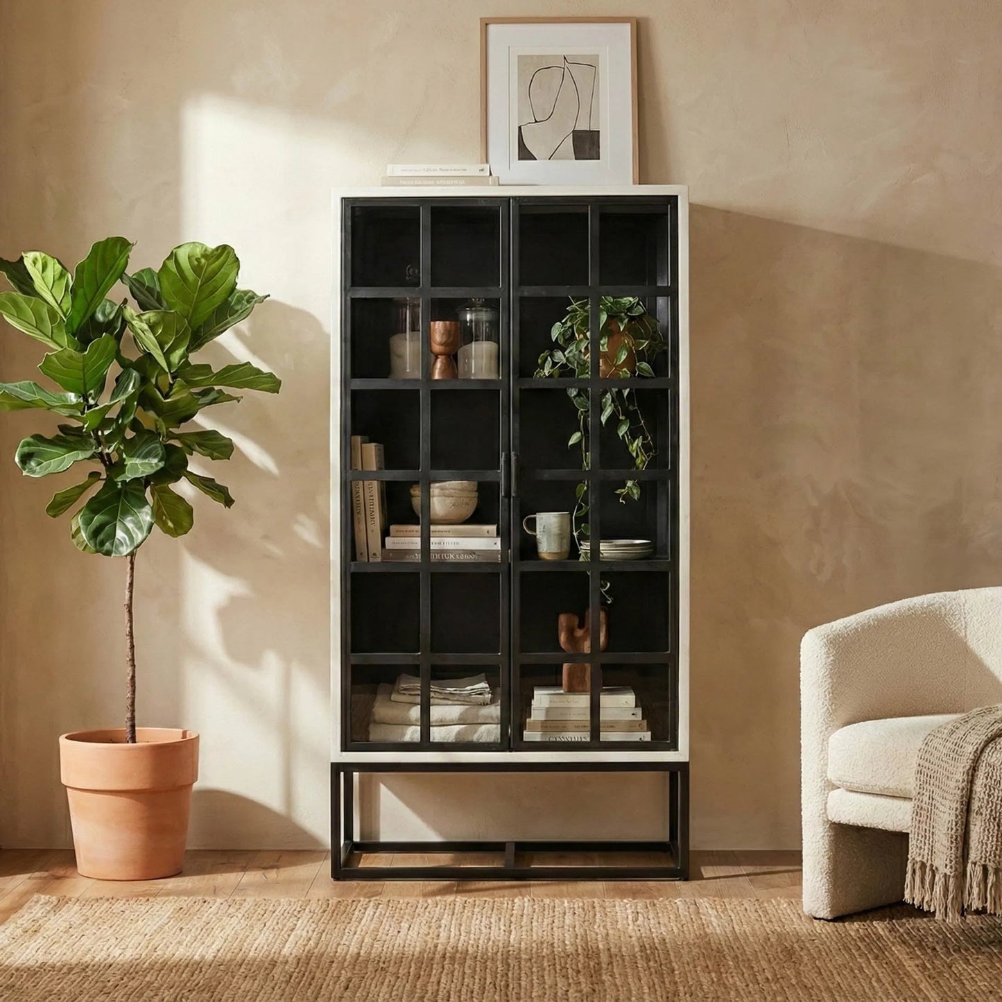 005 SI-2324962 | Lifestyle | Caged Tall Cabinet by LH Imports in white, black and white, black. Made from mango wood, metal frame, tempered glass in a unique style.