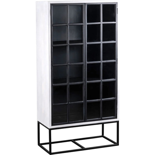 Caged Tall Cabinet by LH Imports in white, black and white, black. Made from mango wood, metal frame, tempered glass in a unique style.